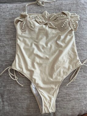 Kids Cream One-Piece Swim with Beaded Floral Trim